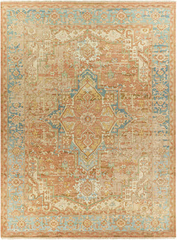 Detailed Bangonay Area Rug - Clearance featuring a traditional Persian design in brick red, beige, and blue. Hand-knotted wool texture. Design-Rectangle-912