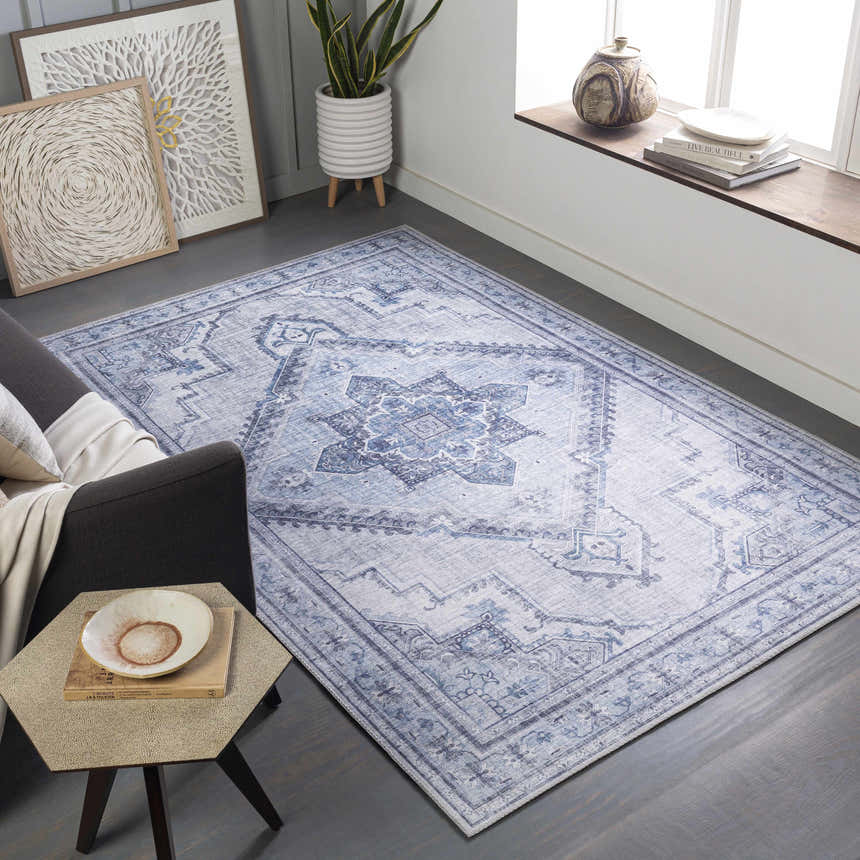 Living room scene with a gray sofa and the ivory and blue Boon Area Rug. Roomscene-Rectangle