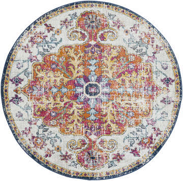 Round Bodrum Area Rug with a traditional floral medallion pattern in aqua, blue, burgundy, and orange. Design-Round-53