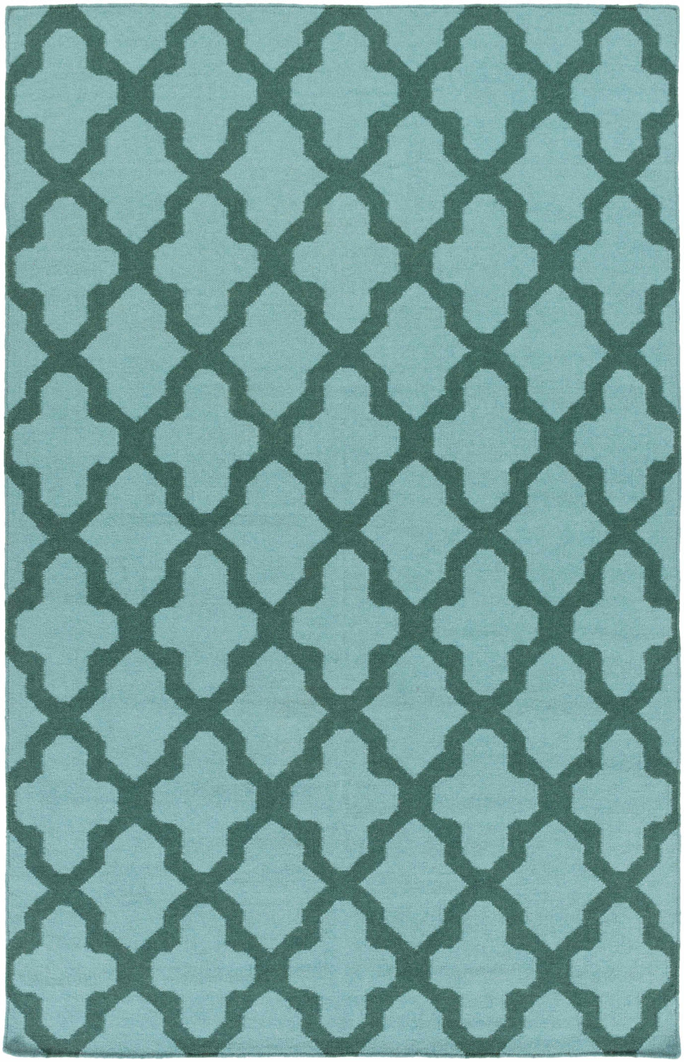 Close-up of the Boles Area Carpet. Sky blue wool rug with a teal quatrefoil pattern, hand woven. Design-Rectangle