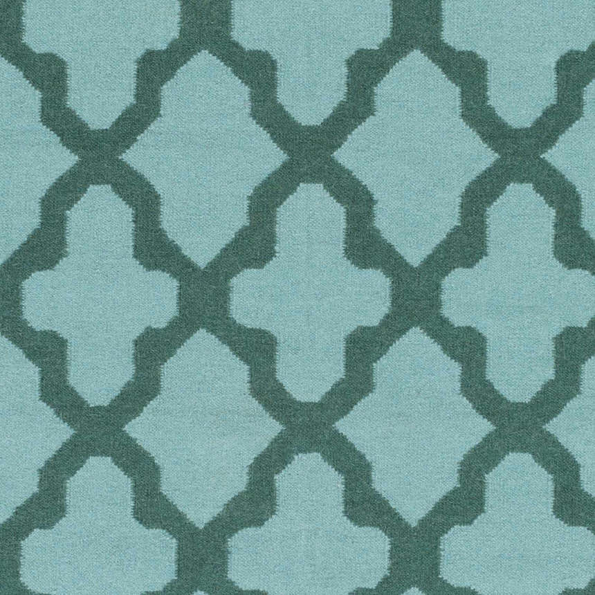 Close-up of the Boles Area Carpet - Clearance, featuring a teal geometric trellis pattern on a sky blue wool texture. Swatch