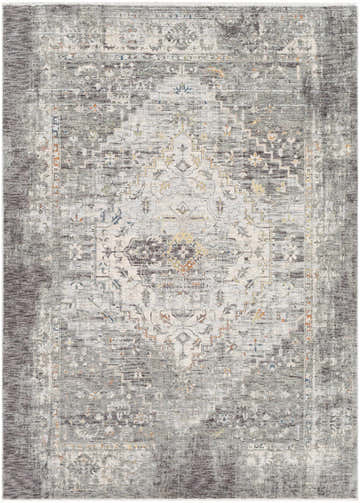 Detailed view of the Boli Distressed Statement Rug, showcasing its gray, ivory, and blue traditional pattern. Design-Rectangle