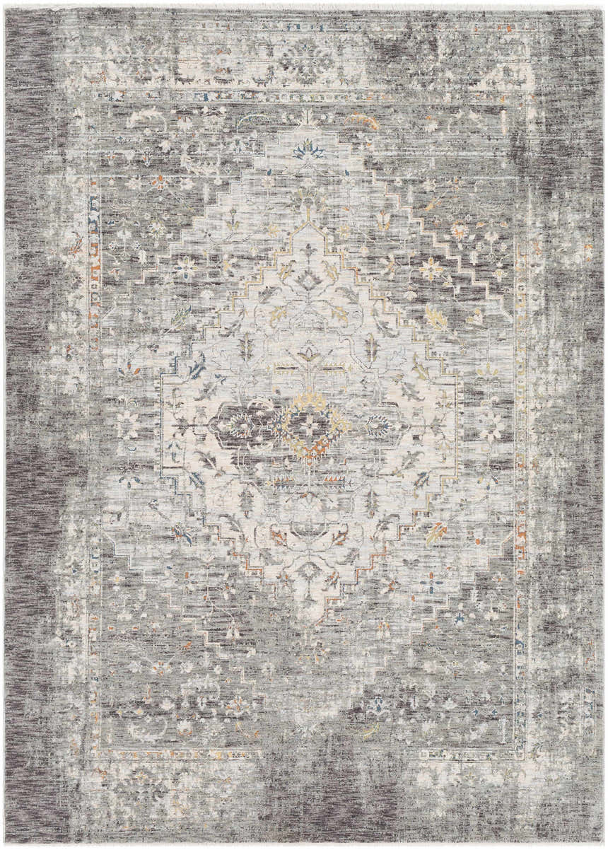 Detailed view of the Boli Distressed Statement Rug, showcasing its gray, ivory, and blue traditional pattern. Design-Rectangle