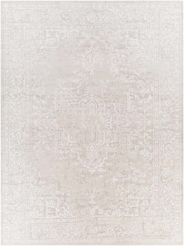 Close-up of the Bolsover Faux Silk Rug. Gray and off-white vintage design with traditional, farmhouse, and bohemian style. Design-Rectangle-710103