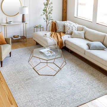 Bright living room with a gray and off white Bolsover Faux Silk Rug, sectional sofa, and gold accents. Roomscene-Rectangle