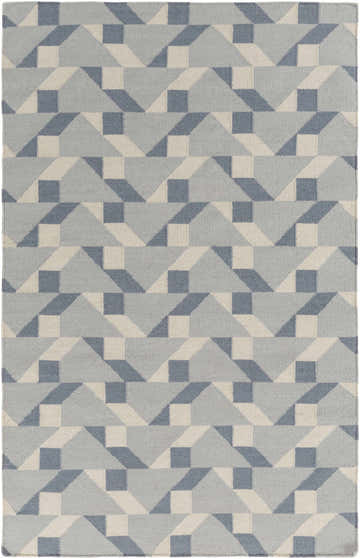 Close-up of the Bonita Area Carpet. Hand-woven wool rug in denim, ivory, and slate with a contemporary geometric pattern. Design-Rectangle-576