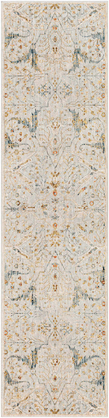 Close-up of the Bornova Luxe Oushak Rug. Oriental rug with brick red, cream, denim, mustard, and tan floral pattern. Design-Runner-2710