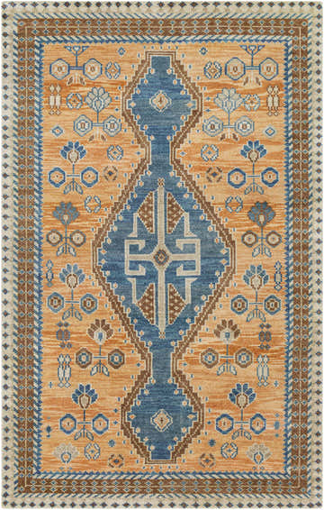 Detailed Boroondara Area Rug close-up. Hand-knotted wool rug in blue, tan, and brown with bohemian floral and geometric patterns. Design-Rectangle-576