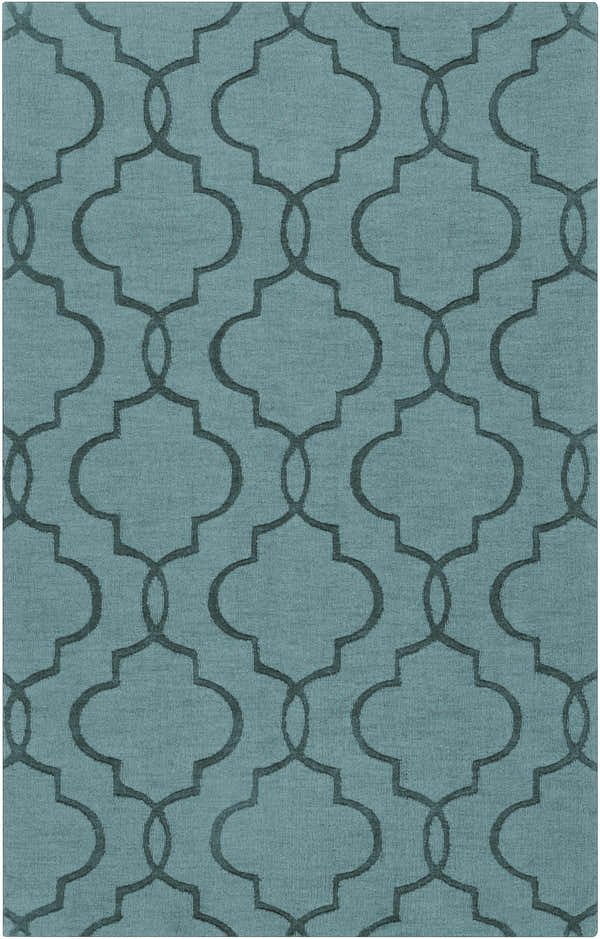Close-up of the Bountiful Area Rug in denim, featuring a contemporary quatrefoil pattern and hand-loomed wool texture. Design-Rectangle-58