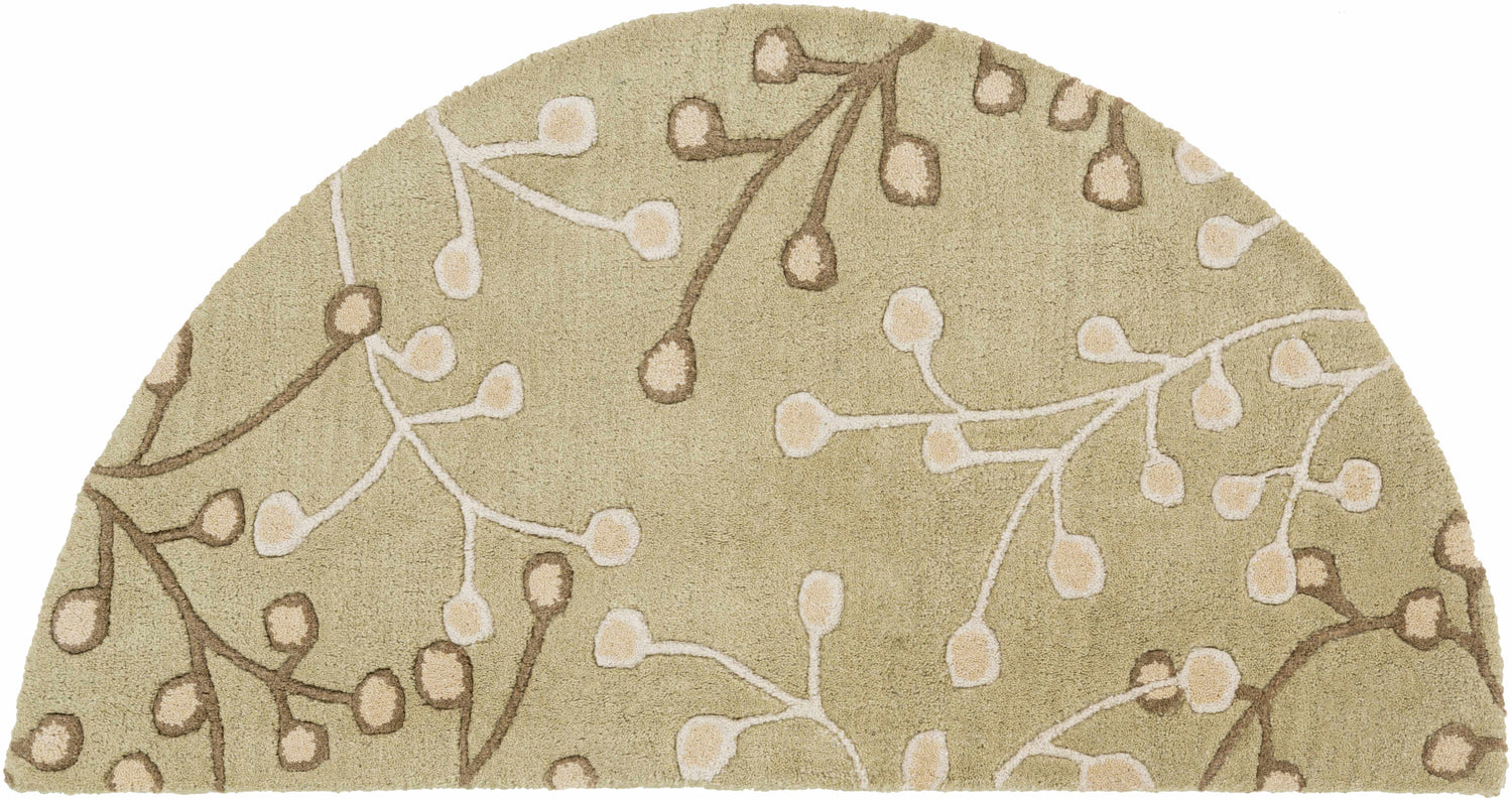 Close-up of the Olive Elsu Area Rug, a hand-tufted wool rug with a tan, brown, and olive floral pattern. Design-Hearth