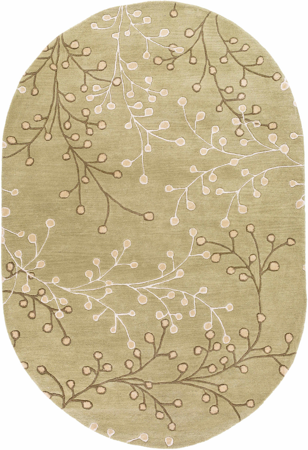 Close-up of the Olive Elsu Area Rug, an oval wool rug with a brown and tan floral branch pattern on an olive green background. Design-Oval-69