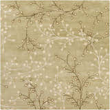 Close-up of the Olive Elsu Area Rug. Hand-tufted wool rug with a floral design in olive, brown, tan, and mustard. Design-Square-8