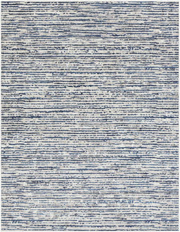 Close-up of the Bowmansdale Striped Navy Rug. Features blue, charcoal, light gray, navy, and white horizontal stripes. Design-Rectangle-710103