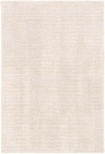 Close-up of the Bowstring Carpet. Hand-loomed with a subtle textured pattern in cream and taupe viscose. Design-Rectangle-23