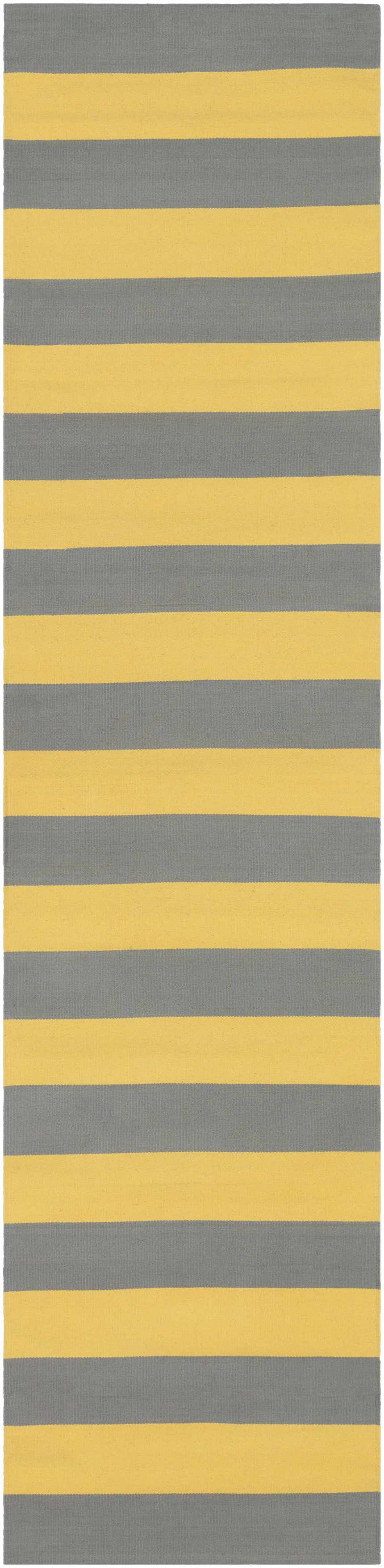 Close-up of the Boyceville Area Rug. Hand-woven cotton rug with gray and mustard yellow horizontal stripes. Design-Runner-2610