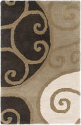 Close-up of the Bray Area Rug, a hand-tufted wool rug with a contemporary swirl pattern in beige, brown, and black. Design-Rectangle-23