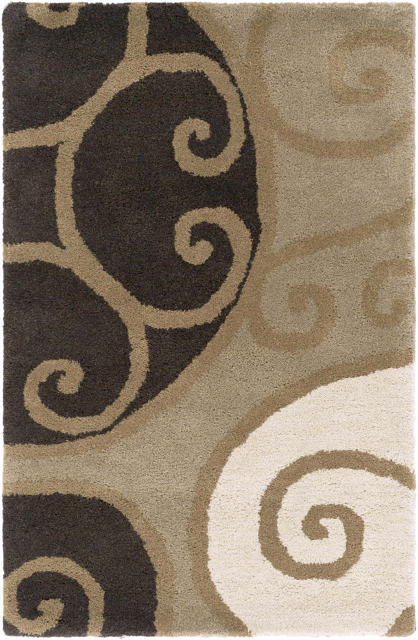 Close-up of the Bray Area Rug, a hand-tufted wool rug with a contemporary swirl pattern in beige, brown, and black. Design-Rectangle-23