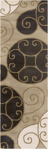 Close-up of the Bray Area Rug. Beige rug with a brown swirl pattern and dark brown circular accents. Design-Runner-268