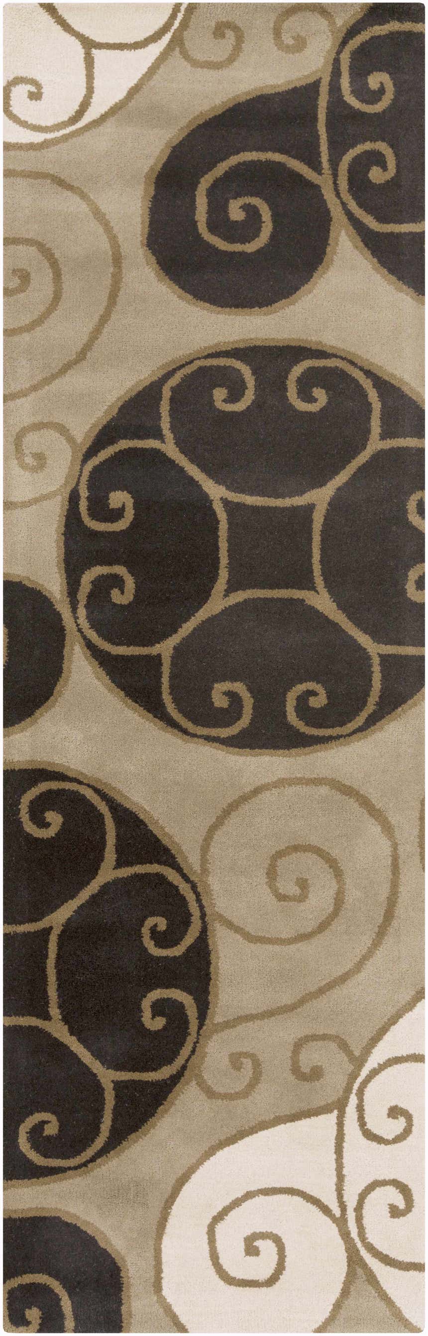 Close-up of the Bray Area Rug. Beige rug with a brown swirl pattern and dark brown circular accents. Design-Runner-268
