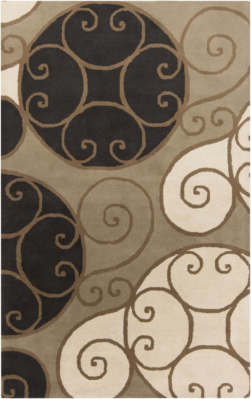 Close-up of the Bray Area Rug - Clearance, featuring a beige, brown, and black swirl pattern. Hand-tufted wool texture. Design-Rectangle-58