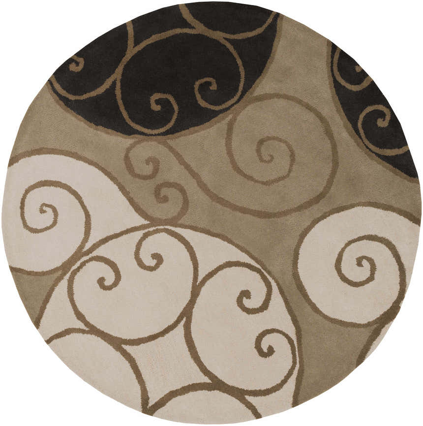Round Bray Area Rug with a beige, brown, and black swirl pattern. Hand-tufted wool rug. Design-Round-6