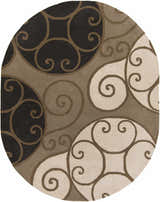 Close-up of the round Bray Area Rug. Beige, brown, and black swirls create a contemporary pattern. Hand-tufted wool texture. Design-Oval-810