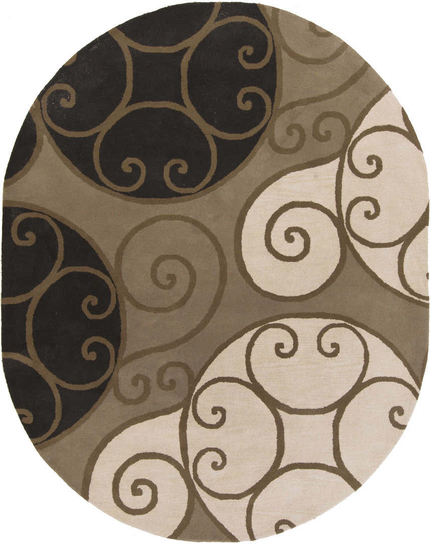 Close-up of the round Bray Area Rug. Beige, brown, and black swirls create a contemporary pattern. Hand-tufted wool texture. Design-Oval-810