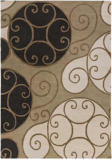 Close-up of the hand-tufted Bray Area Rug. Beige, brown, and black swirls create a contemporary pattern on this wool rug. Design-Rectangle-811