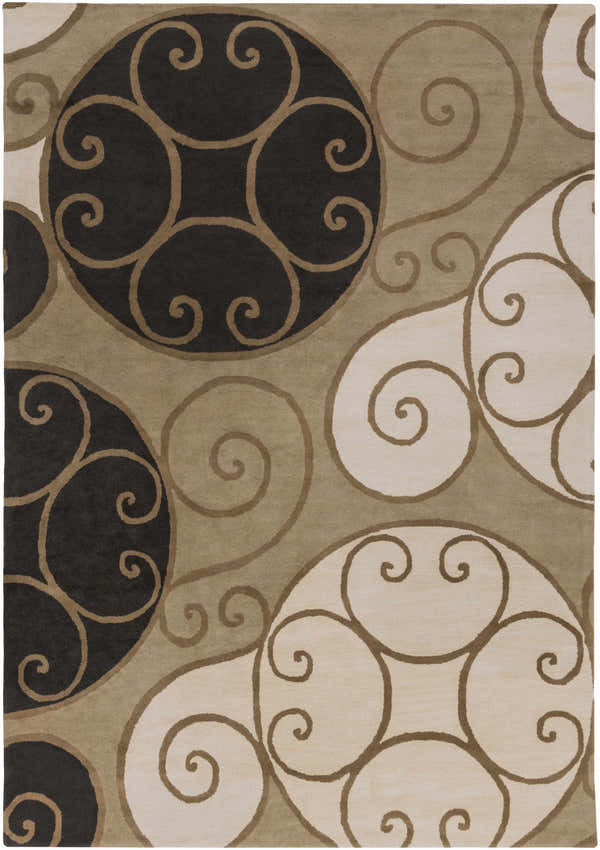 Close-up of the hand-tufted Bray Area Rug. Beige, brown, and black swirls create a contemporary pattern on this wool rug. Design-Rectangle-811