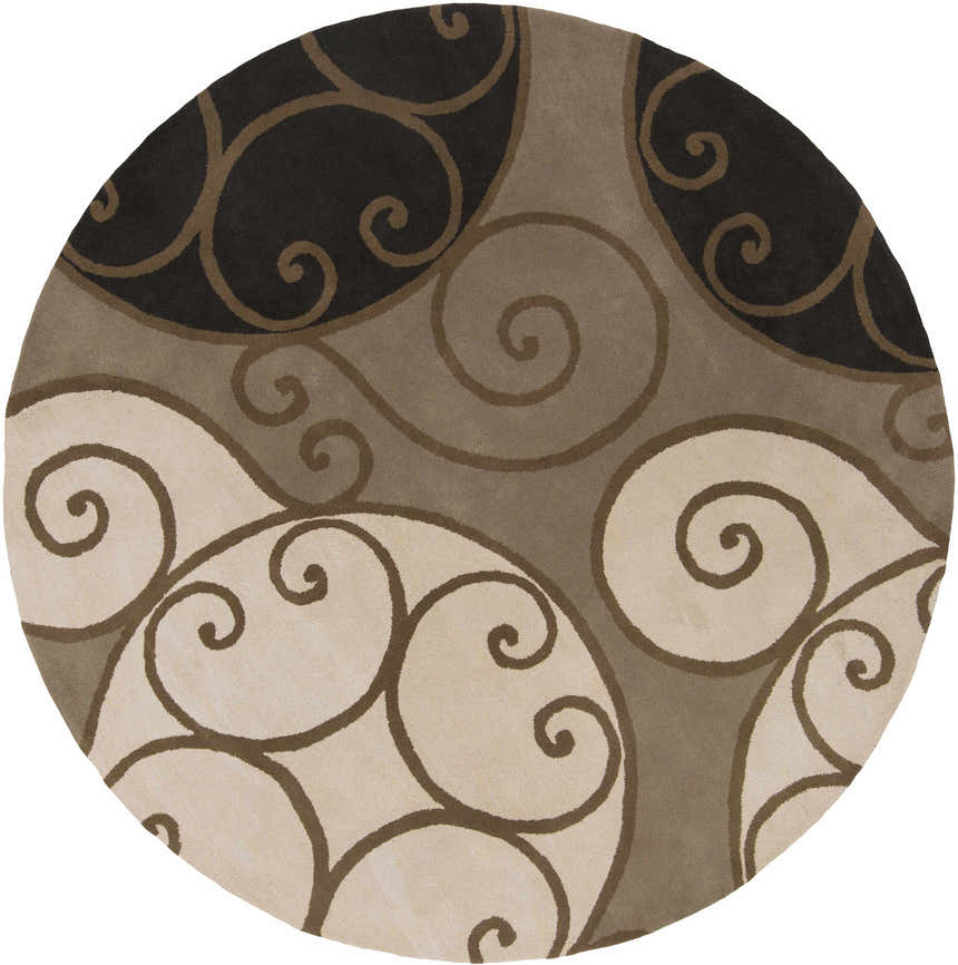 Round Bray Area Rug with a beige, black, and brown swirl pattern. Hand-tufted wool rug. Design-Round-8