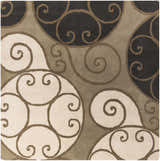 Close-up of the Bray Area Rug, a hand-tufted wool rug with beige, brown, and black swirling patterns. Design-Square-8