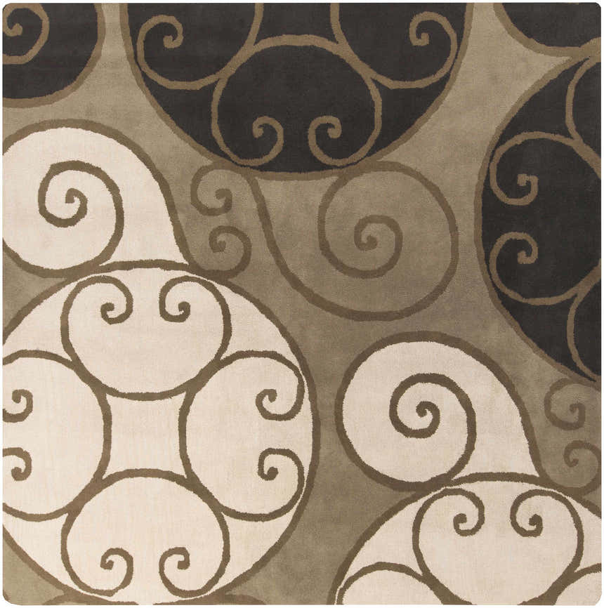 Close-up of the Bray Area Rug, a hand-tufted wool rug with beige, brown, and black swirling patterns. Design-Square-8