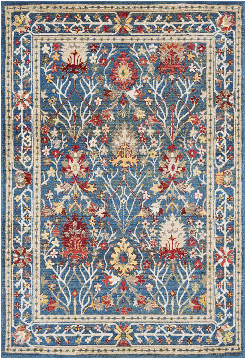 Close-up of the Neola Navy Blue Damask Area Rug. Features a traditional floral pattern in navy, red, yellow, and white. Design-Rectangle-5174