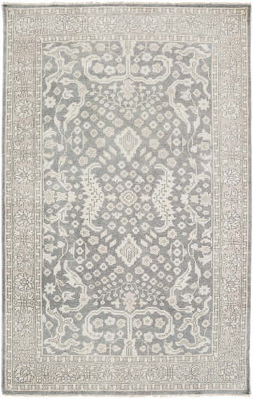 Detailed charcoal and taupe Bradfordsville Premium Rug with a traditional floral and geometric pattern. Design-Rectangle-5686
