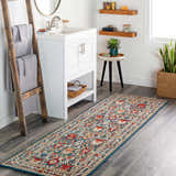 Bathroom scene with Neola Navy Blue Damask Area Rug runner, white vanity, wood ladder with towels, and wood shelves. Roomscene-Runner