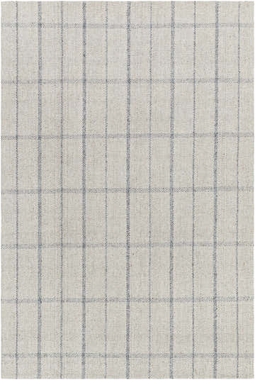 Close-up of the hand-woven Brava Area Rug showing its gray plaid pattern and wool-viscose texture. Design-Rectangle-575