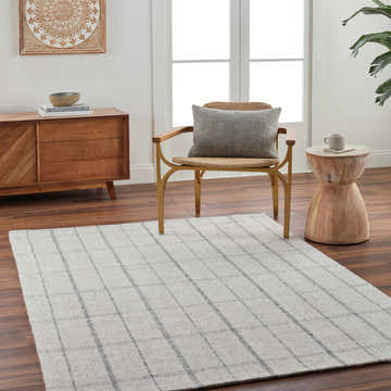 Transitional living room scene with a gray and white Brava Area Rug, wood furniture, and a neutral color palette. Roomscene-Rectangle