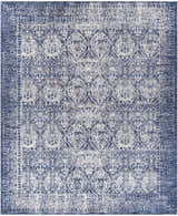 Close-up of the Barboursville Area Rug, a machine-woven polyester rug in denim and light beige with a traditional oriental pattern. Design-Rectangle-810
