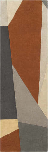 Close-up of the Bracknell Modern Wool Rug featuring a geometric design in brick red, charcoal, gray, tan, and taupe. Design-Runner-268