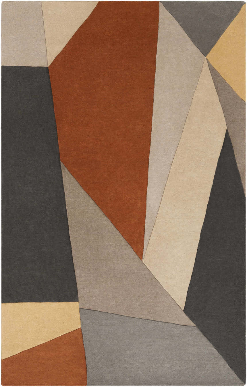 Close-up of the Bracknell Modern Wool Rug with geometric shapes in brick red, charcoal, gray, tan, and taupe. Hand-tufted texture. Design-Rectangle-58