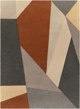 Close-up of the Bracknell Modern Wool Rug featuring a geometric pattern in brick red, charcoal, gray, tan, and taupe. Design-Rectangle-811