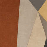 Close up of the Bracknell Modern Wool Rug featuring a geometric pattern in brick red, charcoal, gray, tan, and taupe. Swatch