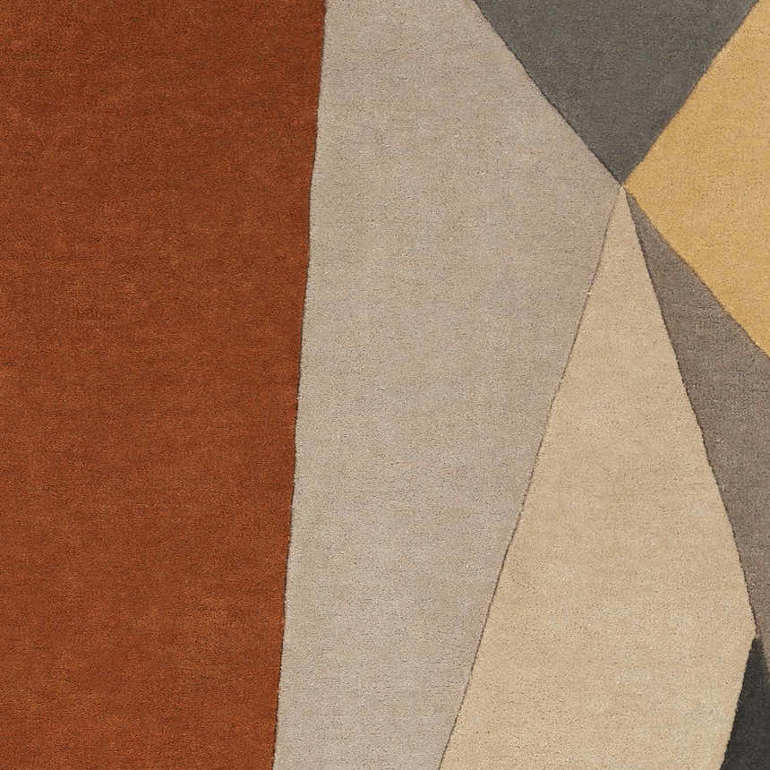Close up of the Bracknell Modern Wool Rug featuring a geometric pattern in brick red, charcoal, gray, tan, and taupe. Swatch