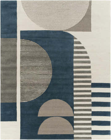 Close-up of the Brooklyn Blue&Gray Modern Wool Rug, featuring geometric shapes in beige, charcoal, and blue. Hand-tufted texture. Design-Rectangle-810