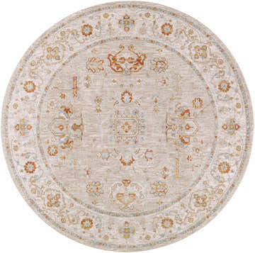Round Bradley Oushak Thick Luxe Area Rug with beige, brick red, and blue floral oriental pattern. Design-Round-67