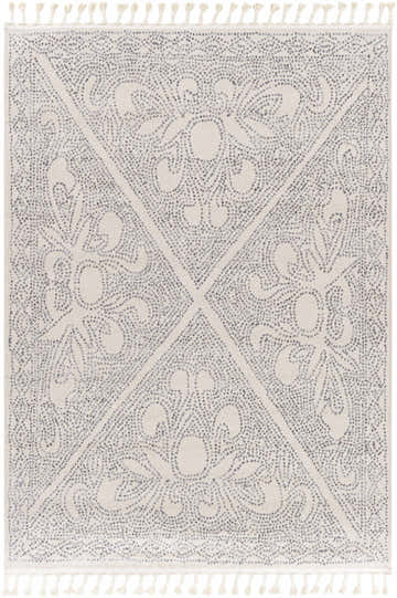Close-up of the Birdwood Area Rug. Machine-woven polyester rug in light gray with charcoal floral medallion pattern and tassels. Design-Rectangle-5373