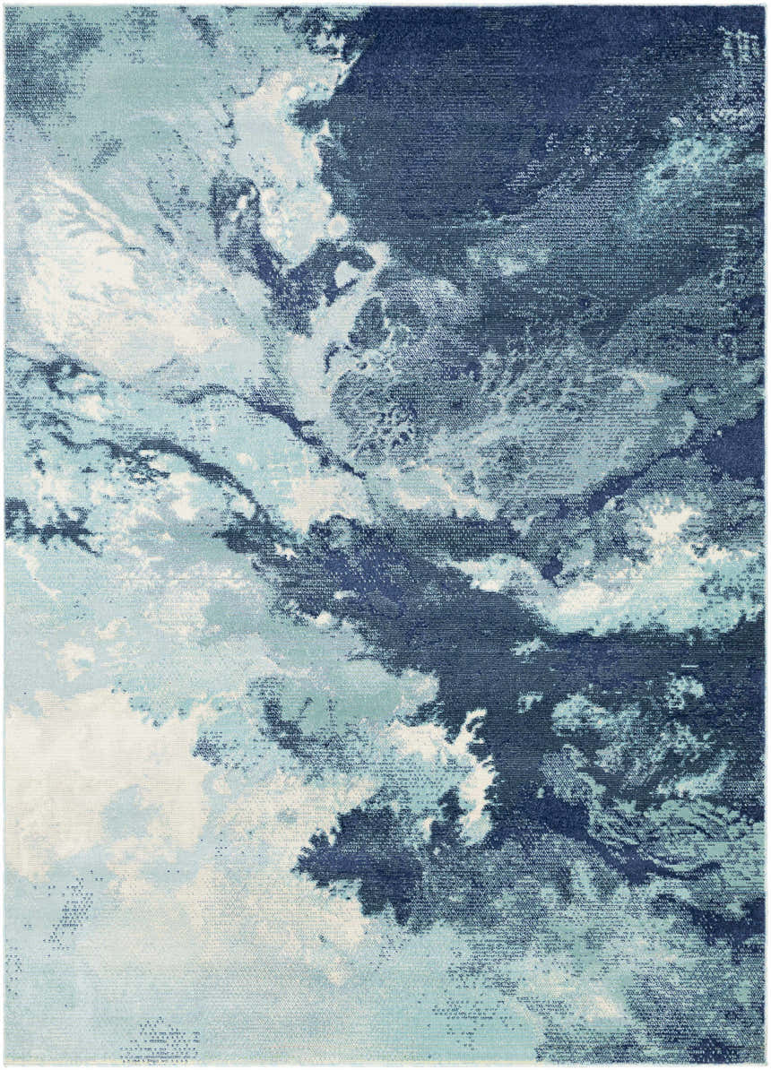 Close-up of the Bright Sky Indoor/Outdoor Rug with a contemporary abstract design in ivory, light slate, navy, and pale blue. Design-Rectangle-5373