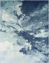 Close-up of the Bright Sky Indoor/Outdoor Rug. Abstract design in ivory, light slate, navy, and pale blue. Coastal style. Design-Rectangle-71010