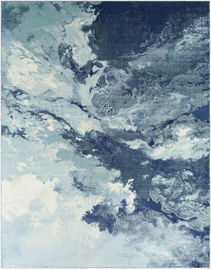 Close-up of the Bright Sky Indoor/Outdoor Rug. Abstract design in ivory, light slate, navy, and pale blue. Coastal style. Design-Rectangle-71010