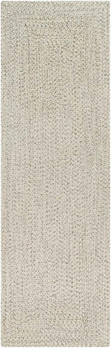 Close-up of a Beige Braided Faux Jute Rug. The rug has a textured, braided design in bleached jute, brown, charcoal, and cream. Design-Runner-268